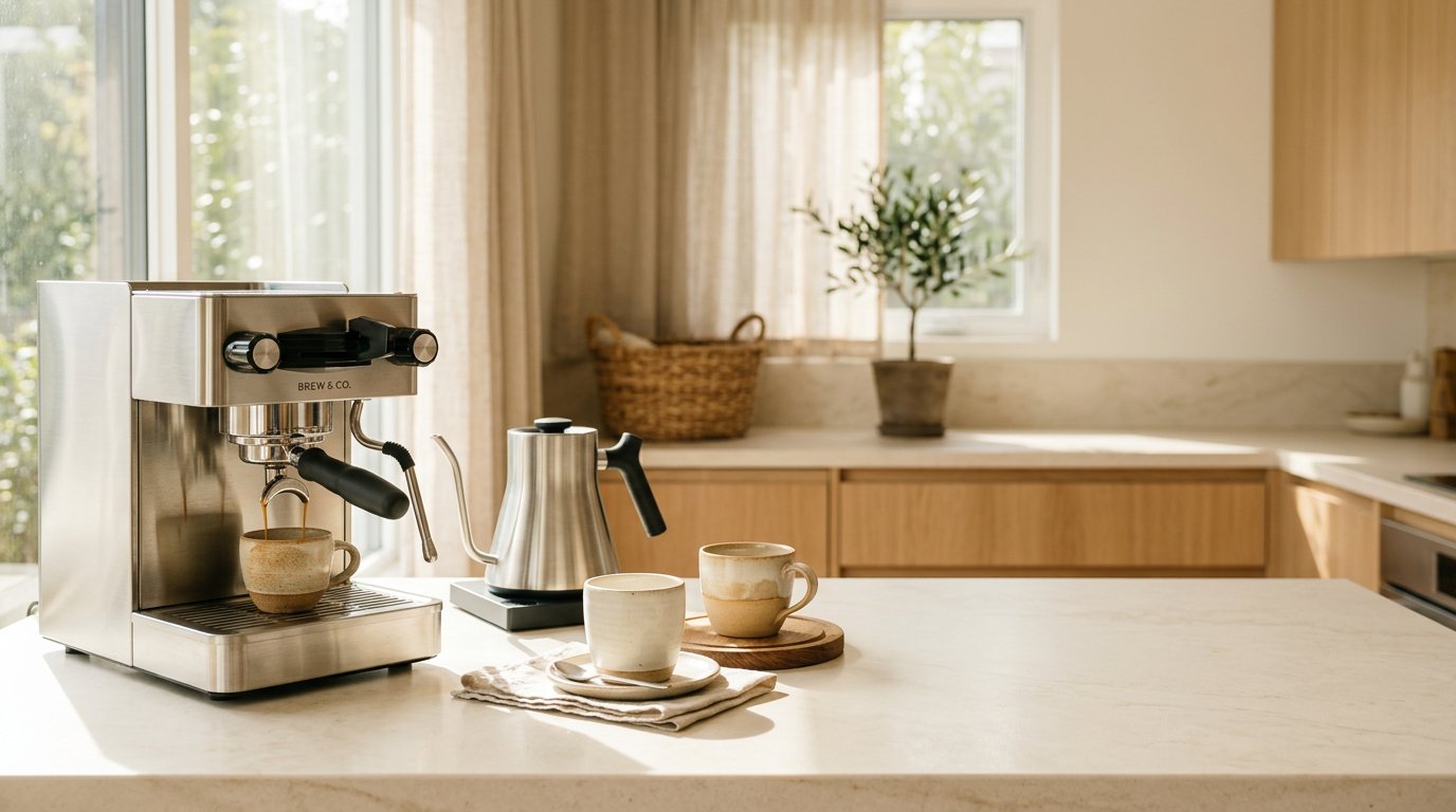 Espresso machine on a kitchen counter with a cup of espresso