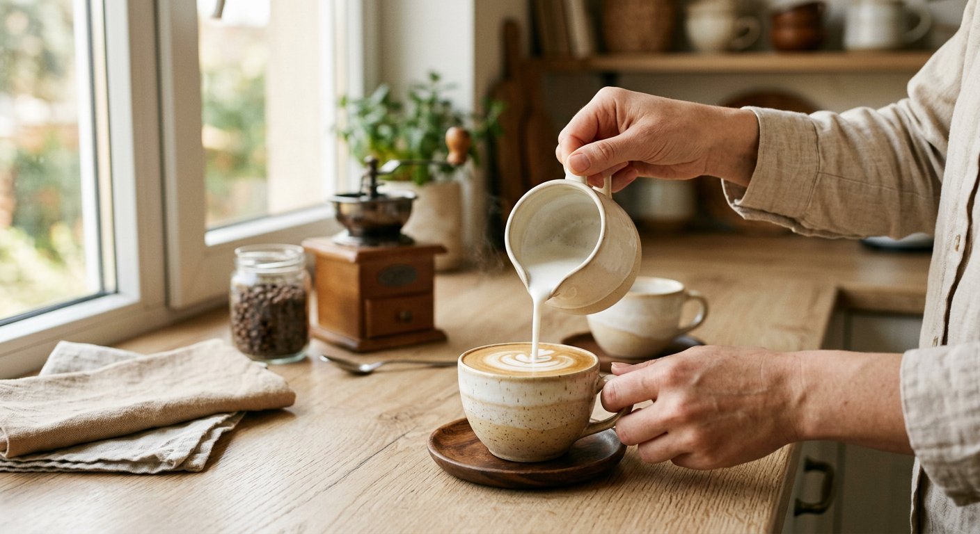 Milk being poured into a latte